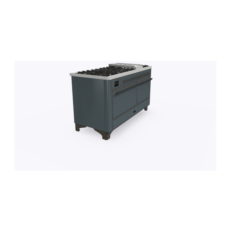 ILVE 60-Inch Majestic II Dual Fuel Range with 9 Sealed Burners and Removable Griddle with Solid Doors Dual Oven in Blue Grey with Bronze Trim (UM15FDQNS3BGB)
