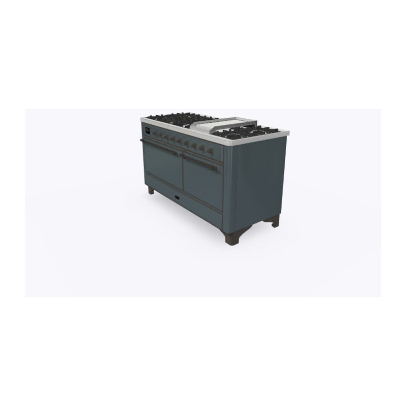 ILVE 60-Inch Majestic II Dual Fuel Range with 9 Sealed Burners and Removable Griddle with Solid Doors Dual Oven in Blue Grey with Bronze Trim (UM15FDQNS3BGB)