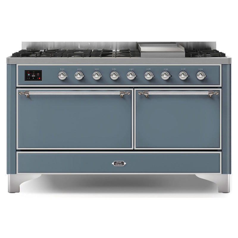 ILVE 60-Inch Majestic II Dual Fuel Range with 9 Sealed Burners and Removable Griddle in Solid Doors Dual Oven in Blue Grey with Chrome Trim (UM15FDQNS3BGC)