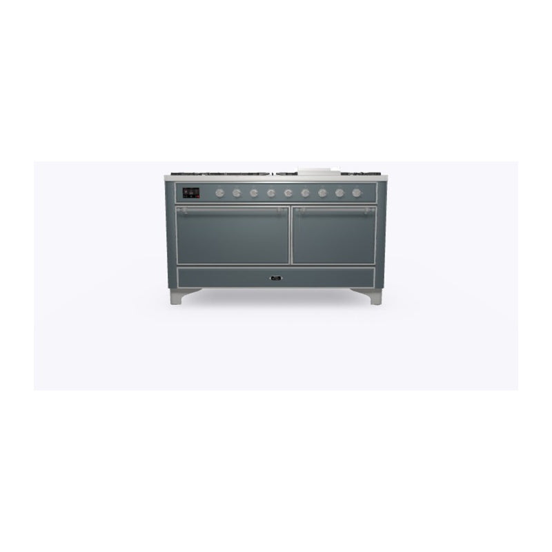 ILVE 60-Inch Majestic II Dual Fuel Range with 9 Sealed Burners and Removable Griddle in Solid Doors Dual Oven in Blue Grey with Chrome Trim (UM15FDQNS3BGC)