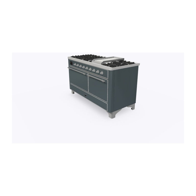 ILVE 60-Inch Majestic II Dual Fuel Range with 9 Sealed Burners and Removable Griddle in Solid Doors Dual Oven in Blue Grey with Chrome Trim (UM15FDQNS3BGC)