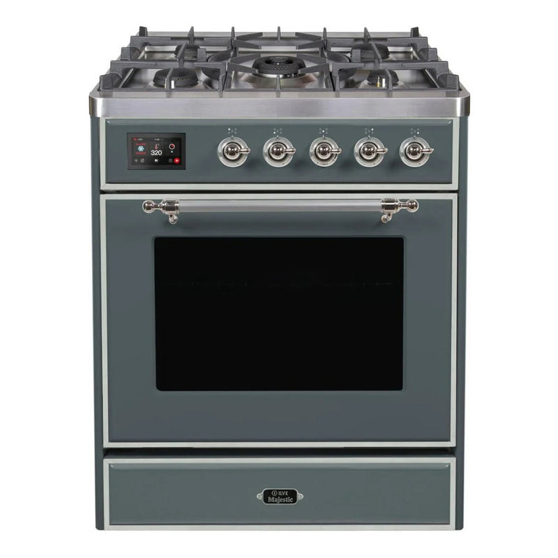 ILVE 30-Inch Majestic II Dual Fuel Range with 5 Sealed Brass Burners - 4  cu. ft. Oven in Blue Grey with Chrome Trim (UM30DNE3BGC)