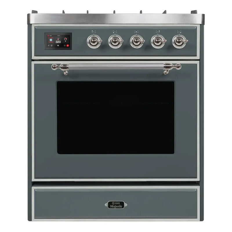 ILVE 30-Inch Majestic II Dual Fuel Range with 5 Sealed Brass Burners - 4  cu. ft. Oven in Blue Grey with Chrome Trim (UM30DNE3BGC)