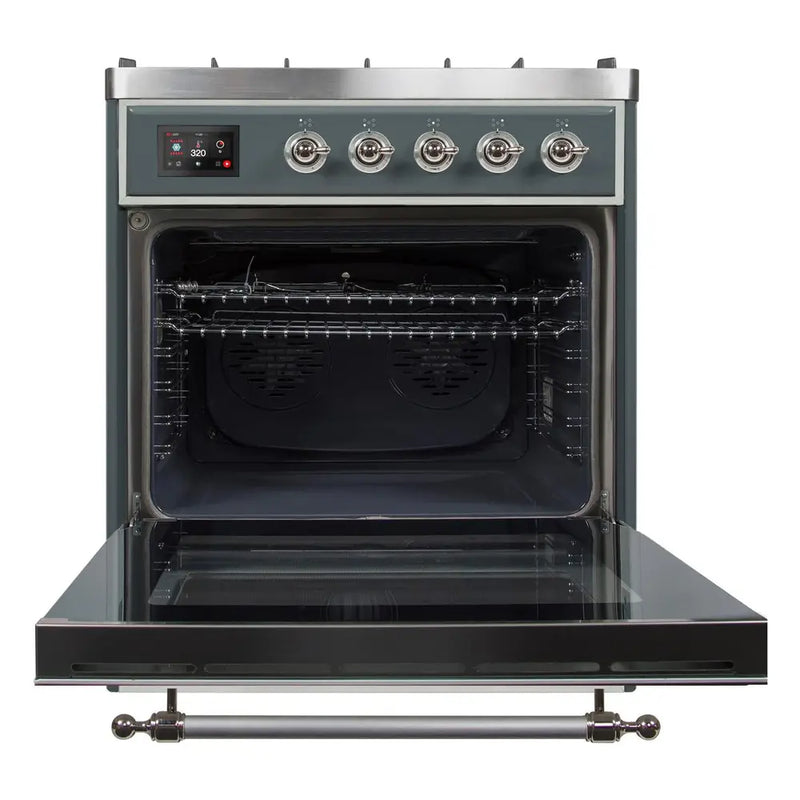 ILVE 30-Inch Majestic II Dual Fuel Range with 5 Sealed Brass Burners - 4  cu. ft. Oven in Blue Grey with Chrome Trim (UM30DNE3BGC)