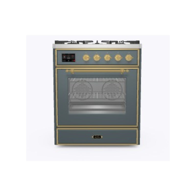 ILVE 30-Inch Majestic II Dual Fuel Range with 5 Sealed Brass Burners in Blue Grey with Brass Trim (UM30DNE3BGG)