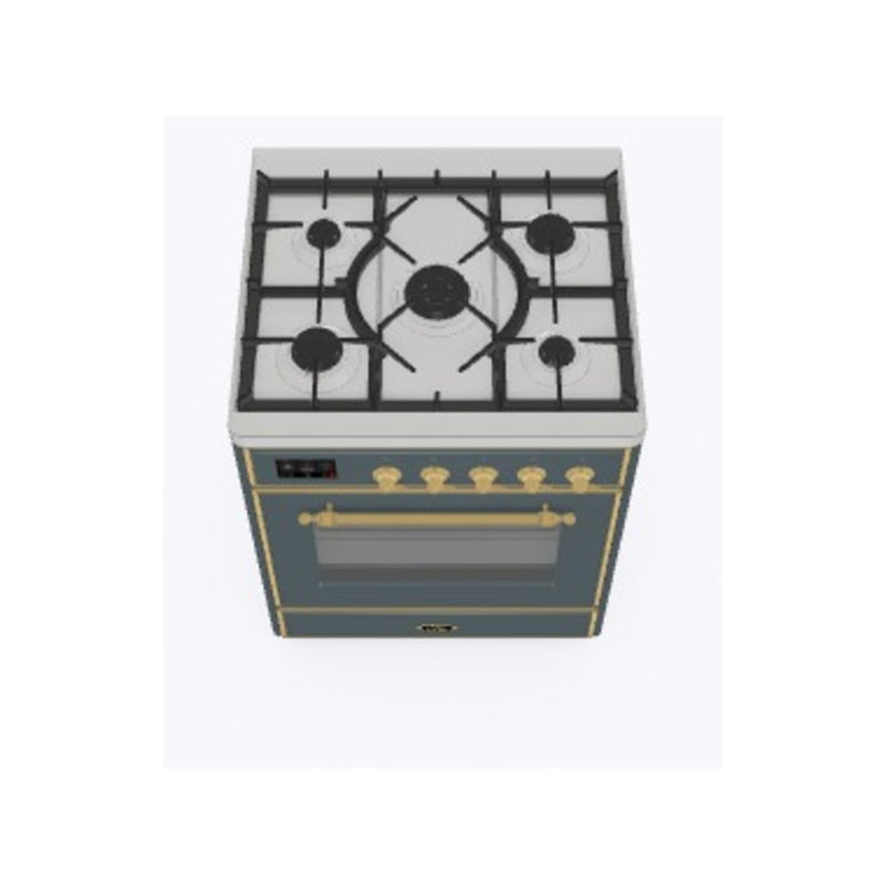 ILVE 30-Inch Majestic II Dual Fuel Range with 5 Sealed Brass Burners in Blue Grey with Brass Trim (UM30DNE3BGG)