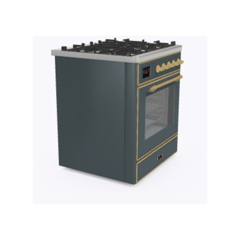 ILVE 30-Inch Majestic II Dual Fuel Range with 5 Sealed Brass Burners in Blue Grey with Brass Trim (UM30DNE3BGG)