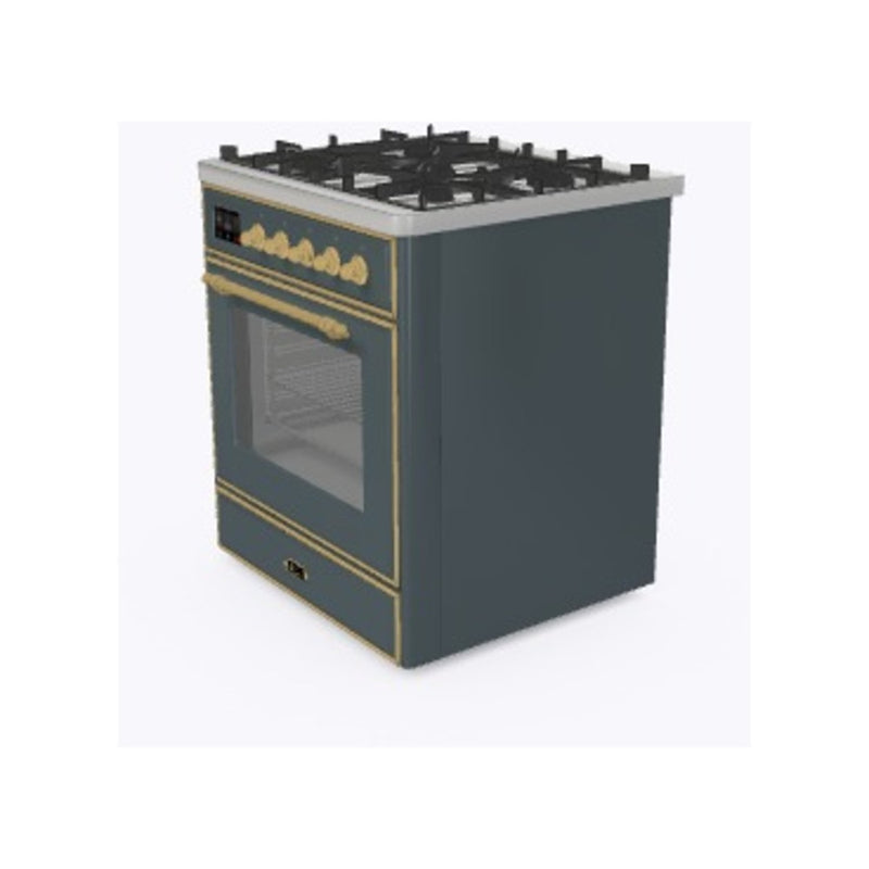 ILVE 30-Inch Majestic II Dual Fuel Range with 5 Sealed Brass Burners in Blue Grey with Brass Trim (UM30DNE3BGG)