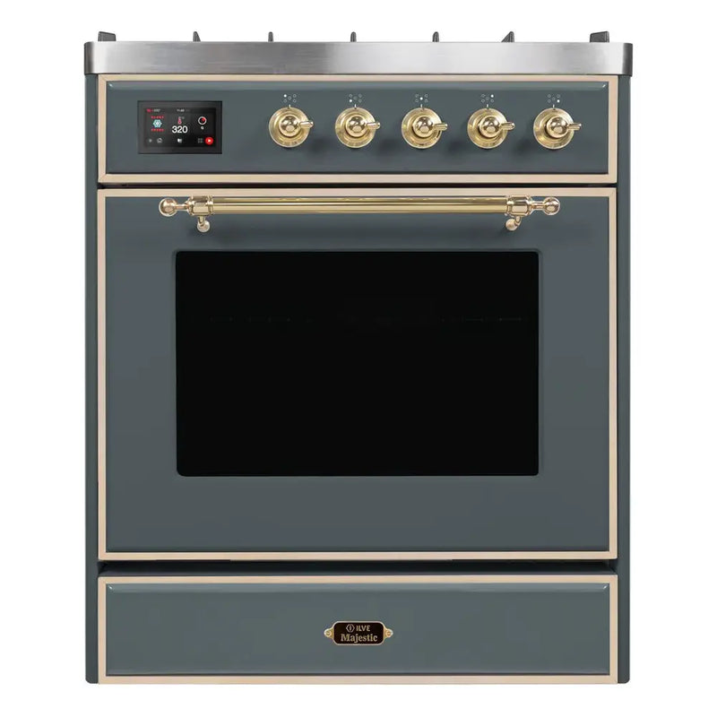 ILVE 30-Inch Majestic II Dual Fuel Range with 5 Sealed Brass Burners in Blue Grey with Brass Trim (UM30DNE3BGG)