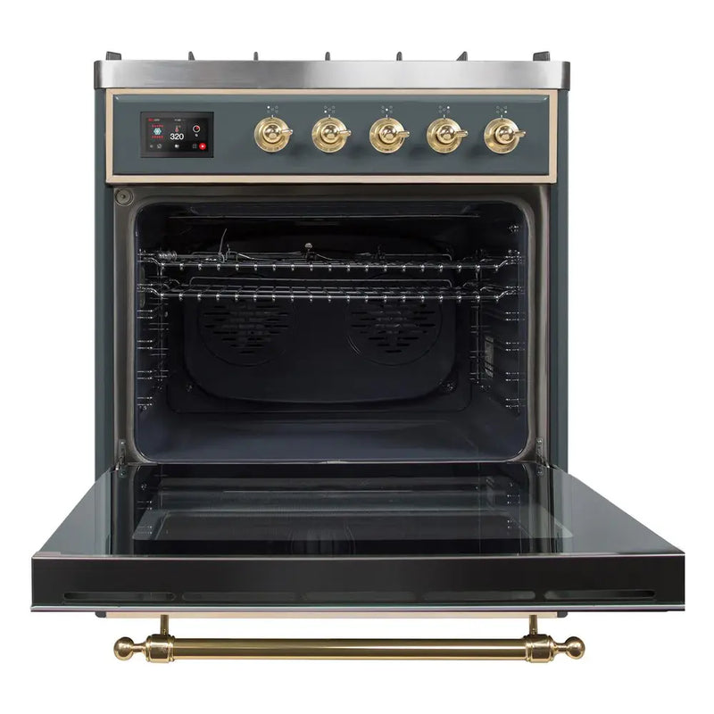 ILVE 30-Inch Majestic II Dual Fuel Range with 5 Sealed Brass Burners in Blue Grey with Brass Trim (UM30DNE3BGG)