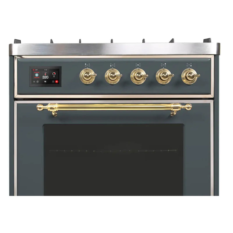 ILVE 30-Inch Majestic II Dual Fuel Range with 5 Sealed Brass Burners in Blue Grey with Brass Trim (UM30DNE3BGG)