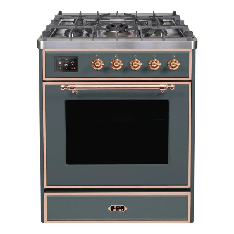 ILVE 30-Inch Majestic II Dual Fuel Range with 5 Sealed Brass Burners - 4  cu. ft. Oven - in Blue Grey with Copper Trim (UM30DNE3BGP)