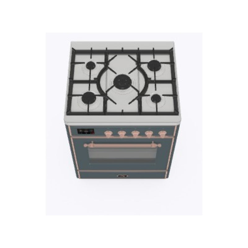 ILVE 30-Inch Majestic II Dual Fuel Range with 5 Sealed Brass Burners - 4  cu. ft. Oven - in Blue Grey with Copper Trim (UM30DNE3BGP)