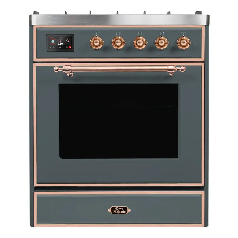 ILVE 30-Inch Majestic II Dual Fuel Range with 5 Sealed Brass Burners - 4  cu. ft. Oven - in Blue Grey with Copper Trim (UM30DNE3BGP)