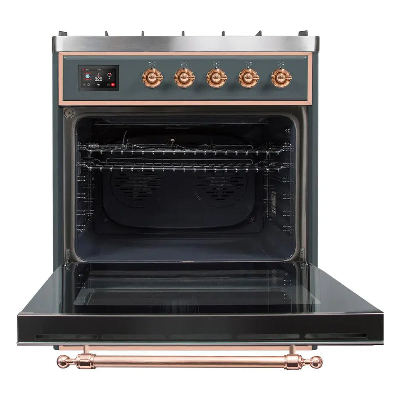 ILVE 30-Inch Majestic II Dual Fuel Range with 5 Sealed Brass Burners - 4  cu. ft. Oven - in Blue Grey with Copper Trim (UM30DNE3BGP)