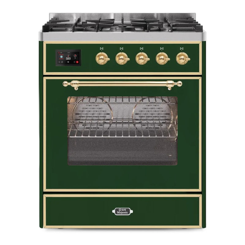 ILVE 30-Inch Majestic II Dual Fuel Range with 5 Burners - 4  cu. ft. Oven in Emerald Green with Brass Trim (UM30DNE3EGG)