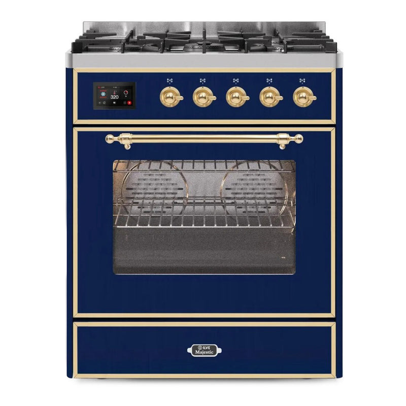 ILVE 30-Inch Majestic II Dual Fuel Range with 5 Burners - 4 cu. ft. Oven in Midnight Blue with Brass Trim (UM30DNE3MBG)