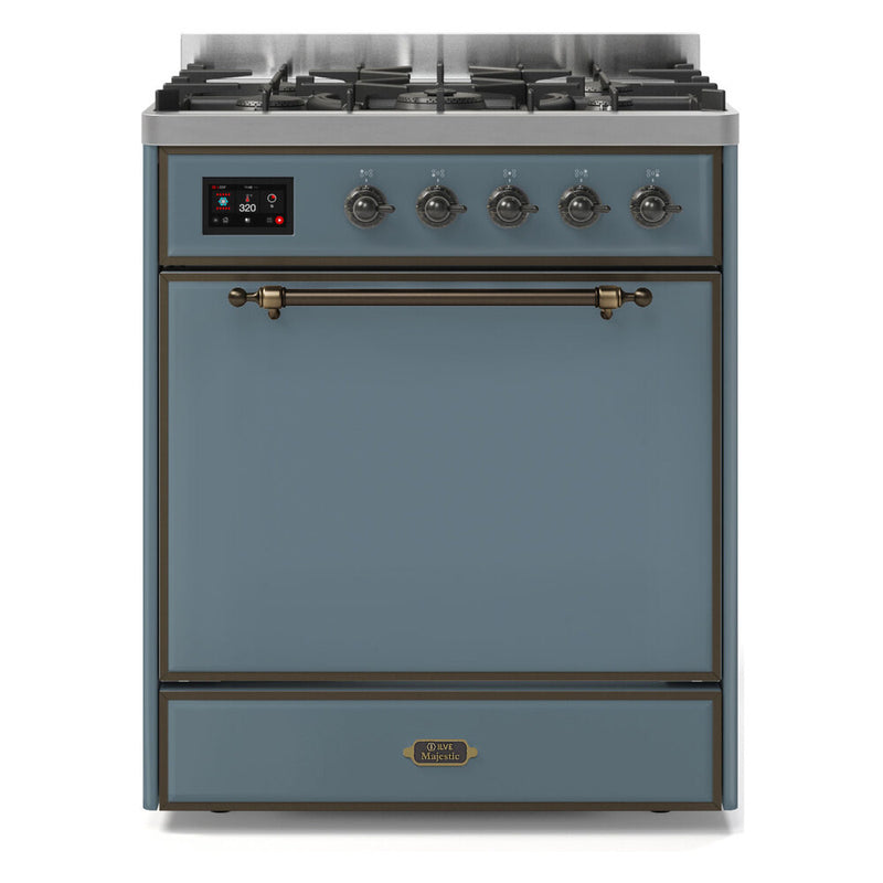 ILVE 30-Inch Majestic II Series Freestanding Dual Fuel Single Solid Door Oven Range with 5 Sealed Burners in Blue Grey with Bronze Trim (UM30DQNE3BGB)