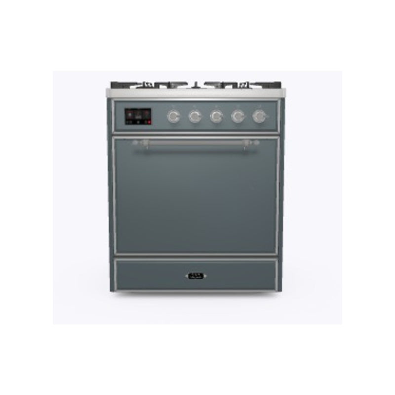 ILVE 30-Inch Majestic II Series Freestanding Dual Fuel Solid Door Single Oven Range with 5 Sealed Burners in Blue Grey with Chrome Trim (UM30DQNE3BGC)