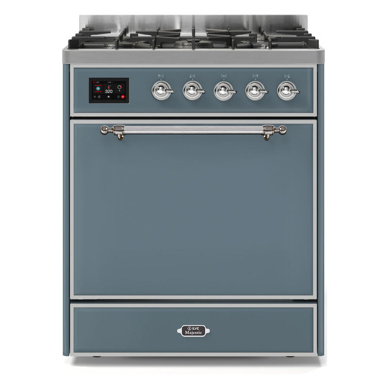 ILVE 30-Inch Majestic II Series Freestanding Dual Fuel Solid Door Single Oven Range with 5 Sealed Burners in Blue Grey with Chrome Trim (UM30DQNE3BGC)