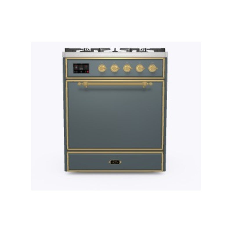 ILVE 30-Inch Majestic II Series Freestanding Dual Fuel Single Solid Door Oven Range with 5 Sealed Burners in Blue Grey with Brass Trim (UM30DQNE3BGG)