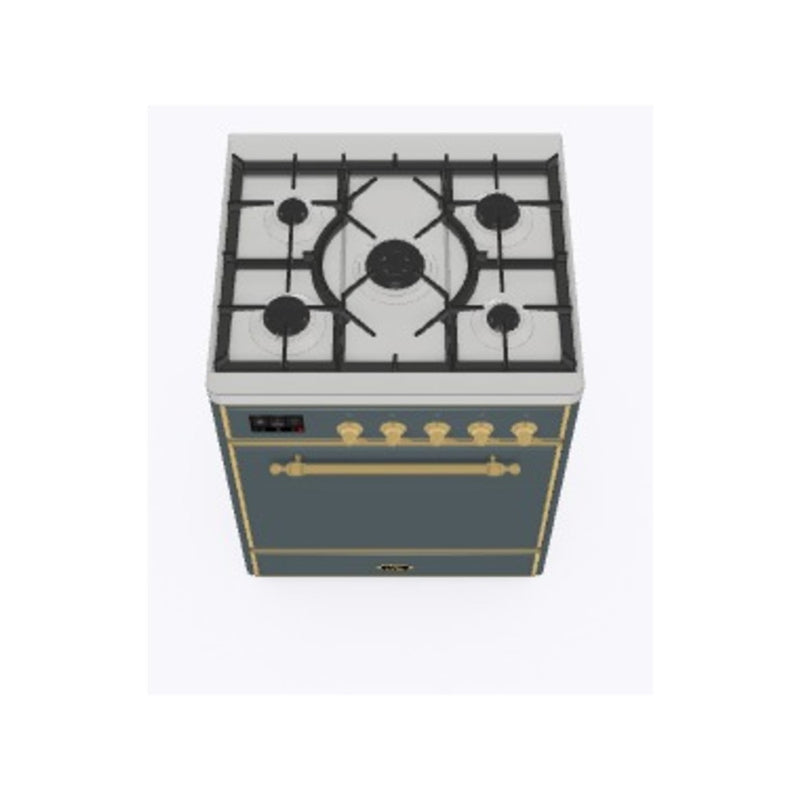 ILVE 30-Inch Majestic II Series Freestanding Dual Fuel Single Solid Door Oven Range with 5 Sealed Burners in Blue Grey with Brass Trim (UM30DQNE3BGG)