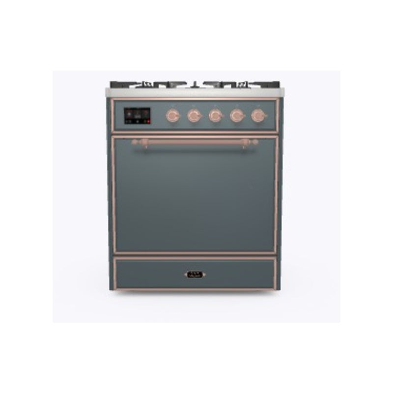 ILVE 30-Inch Majestic II Series Freestanding Dual Fuel Solid Door Single Oven Range with 5 Sealed Burners in Blue Grey with Copper Trim (UM30DQNE3BGP)