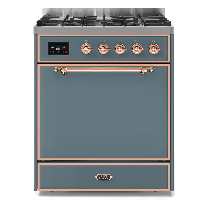 ILVE 30-Inch Majestic II Series Freestanding Dual Fuel Solid Door Single Oven Range with 5 Sealed Burners in Blue Grey with Copper Trim (UM30DQNE3BGP)