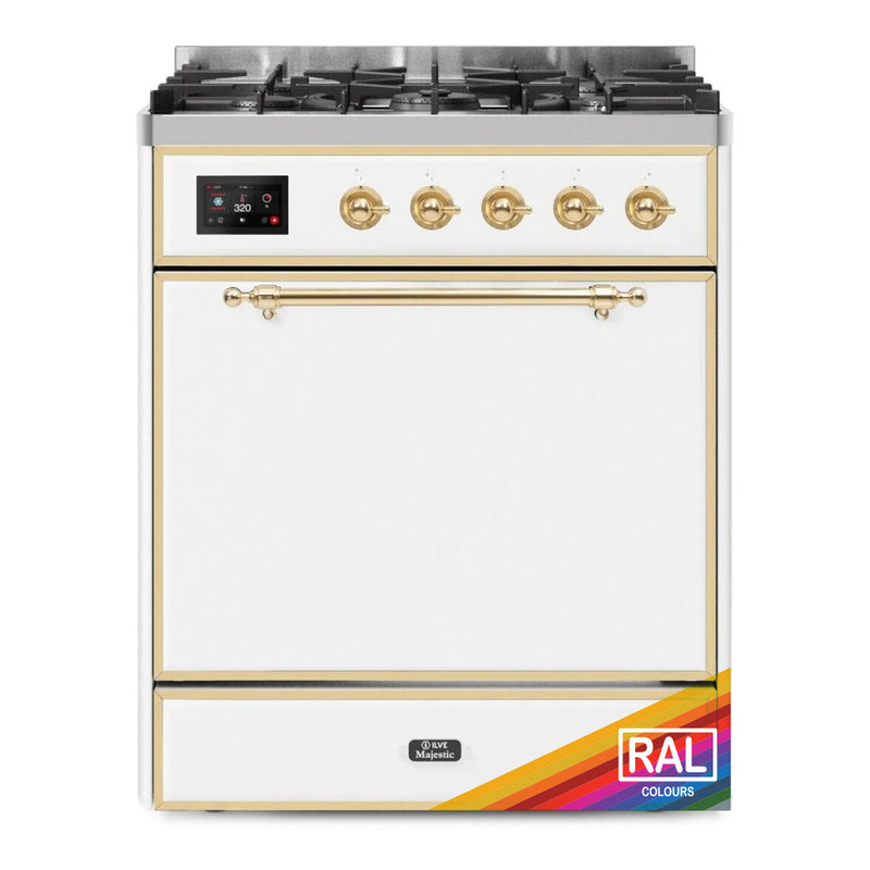 ILVE 30-Inch Majestic II Dual Fuel Range with 5 Burners - 4 cu. ft. Solid Door Oven - Brass Trim in Custom RAL Color (UM30DQNE3RALG)