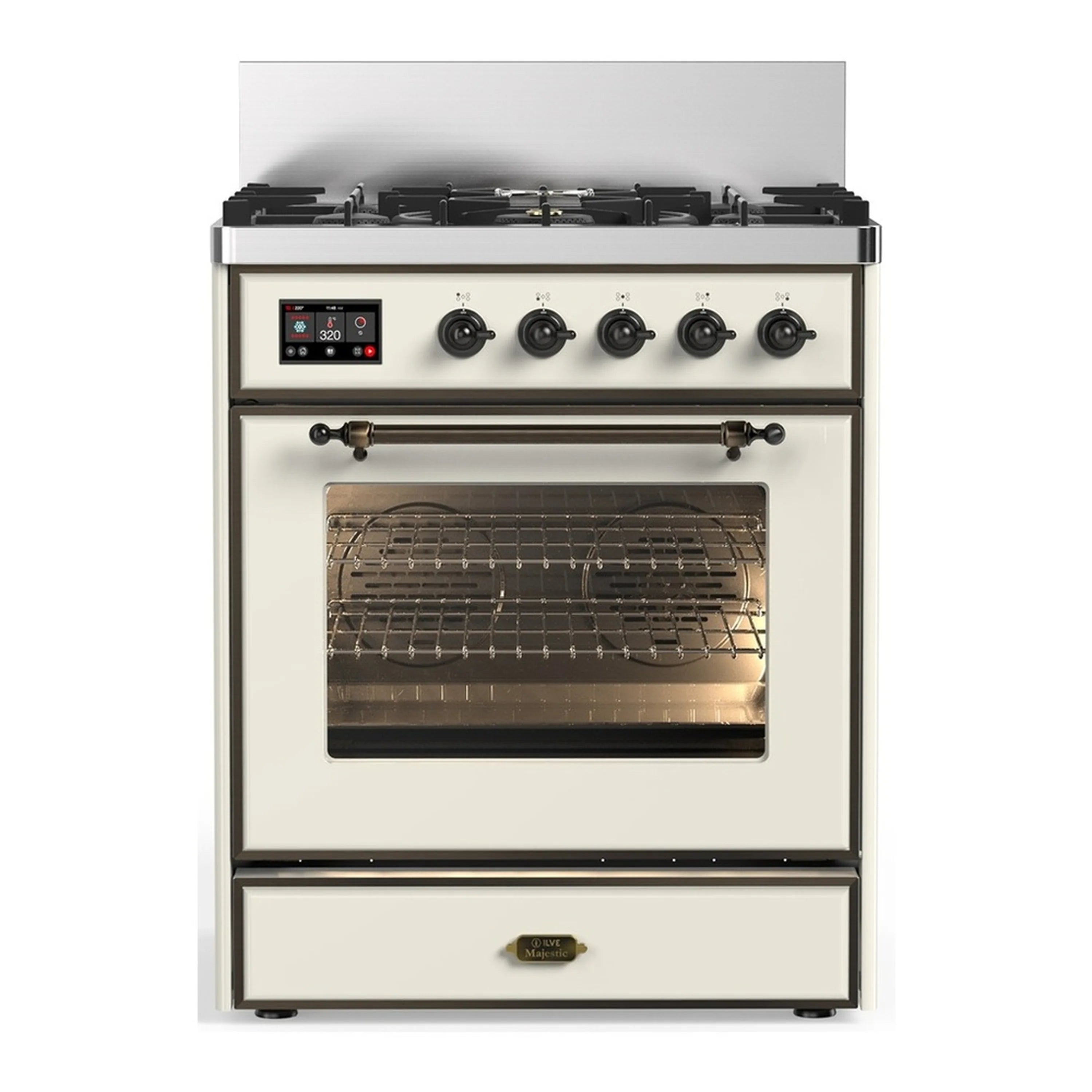 ILVE dual fuel range in antique white with five burners, oven window, and control knobs