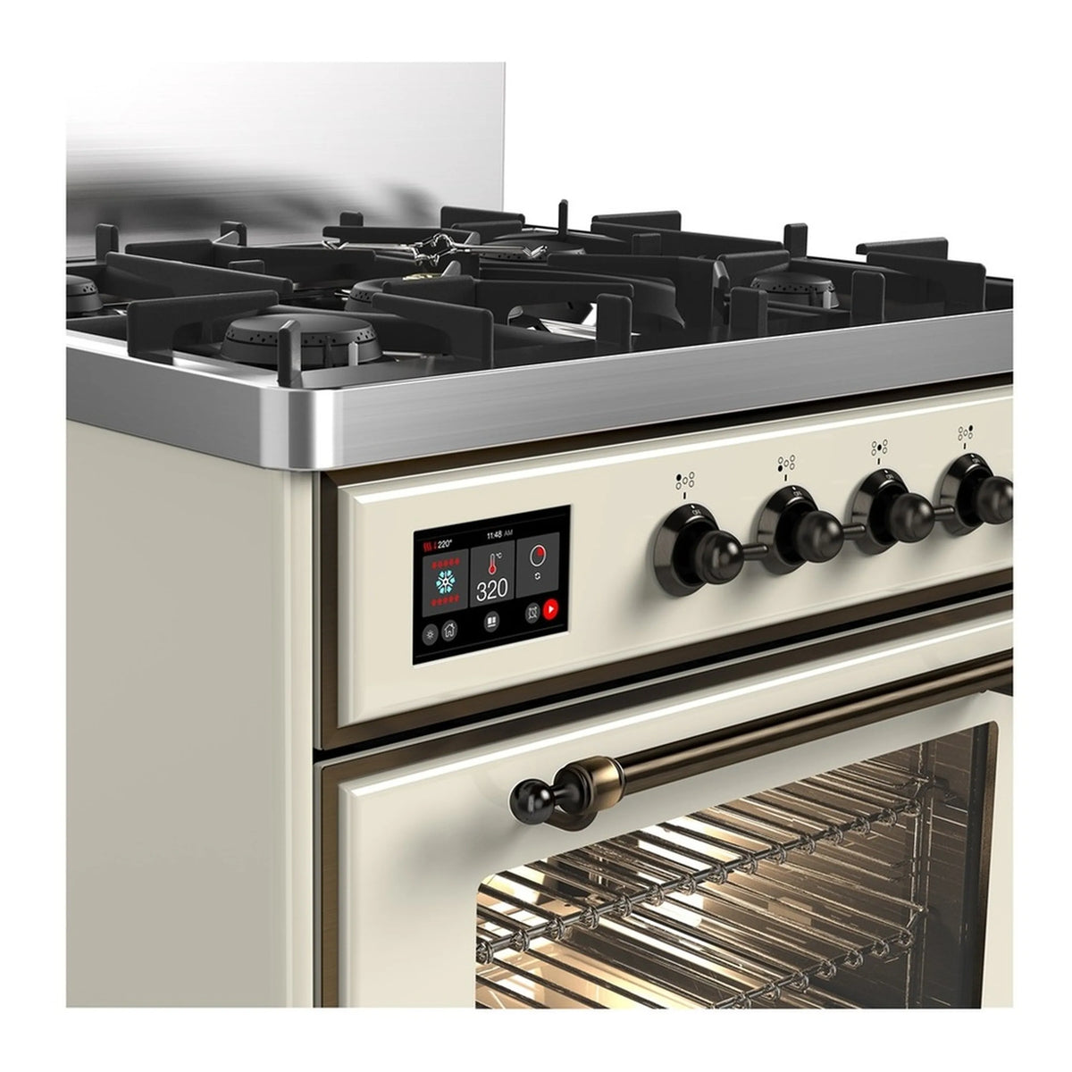 ILVE dual fuel range: antique white body, black burner grates, and oven door edge