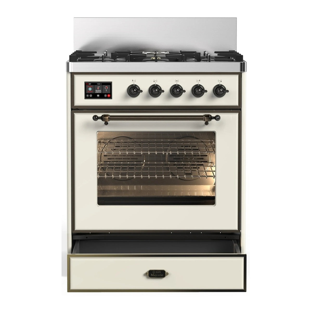 ILVE dual fuel range in antique white with five gas burners, oven window, and drawer