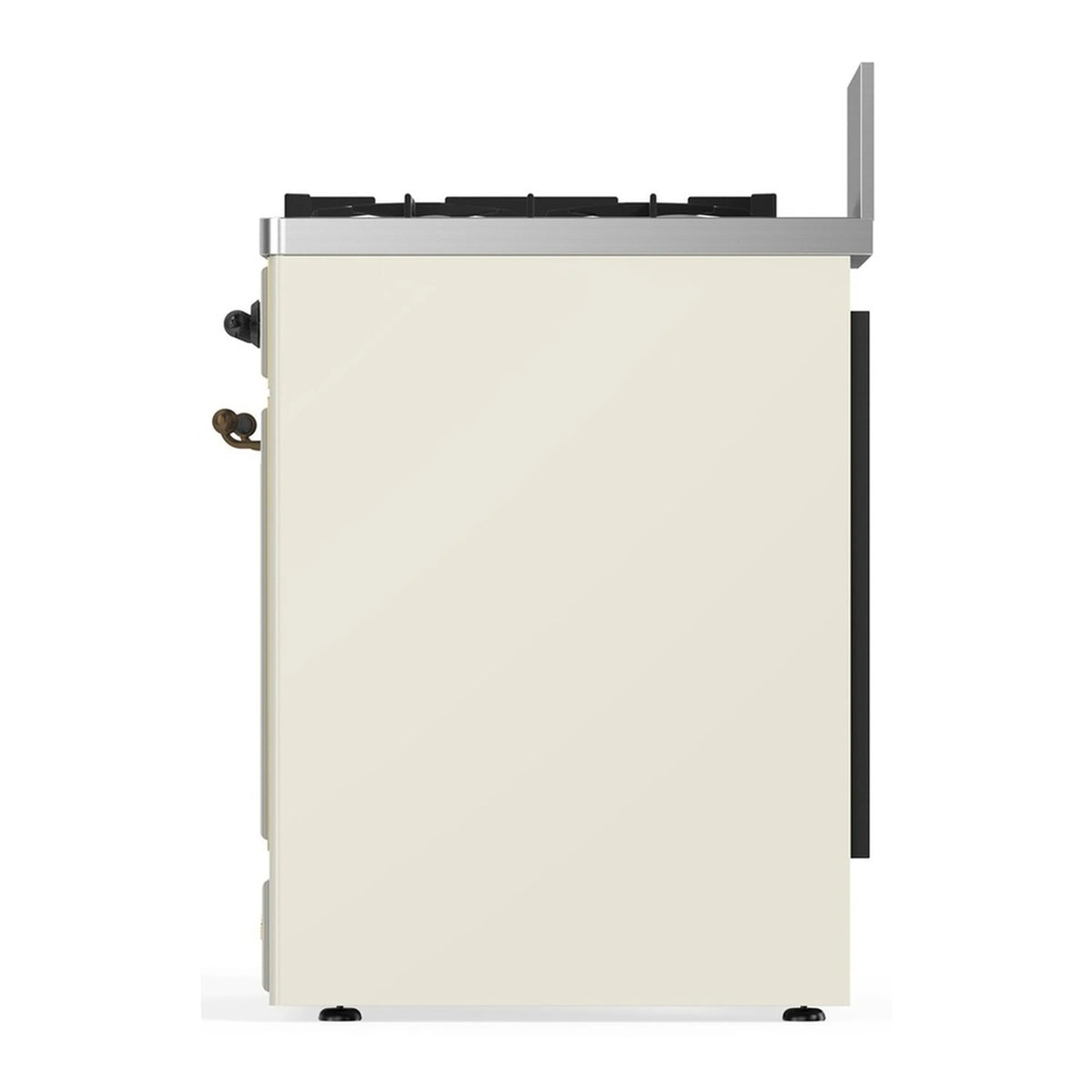 ILVE dual fuel range in antique white, angled side view with gold trim details
