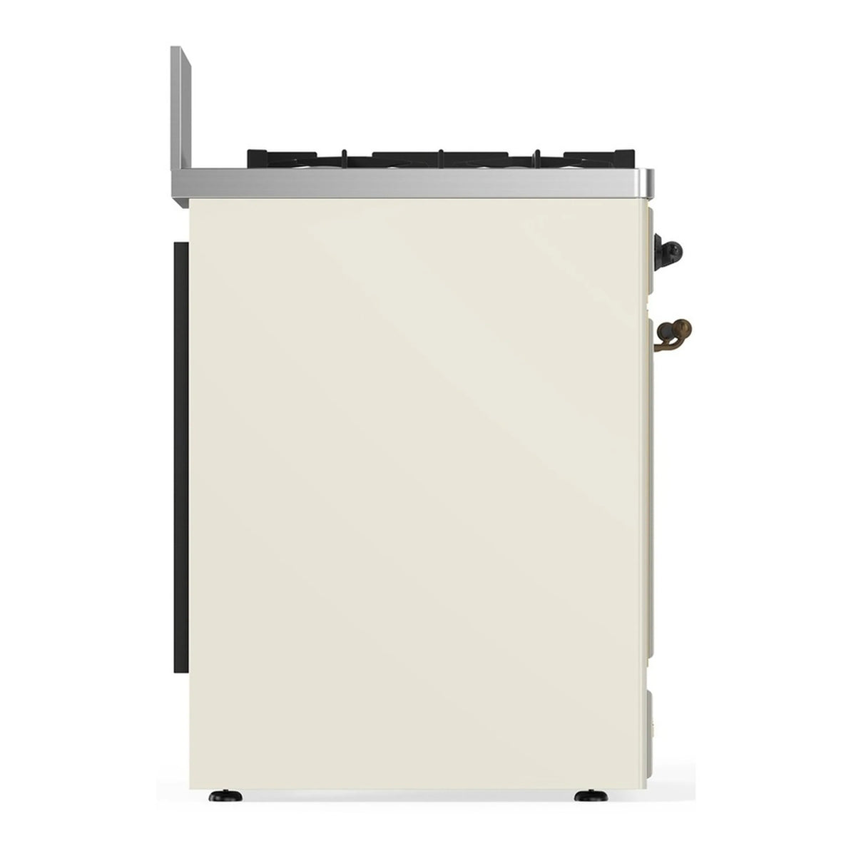 ILVE dual fuel range in antique white, angled side view with gold side handles