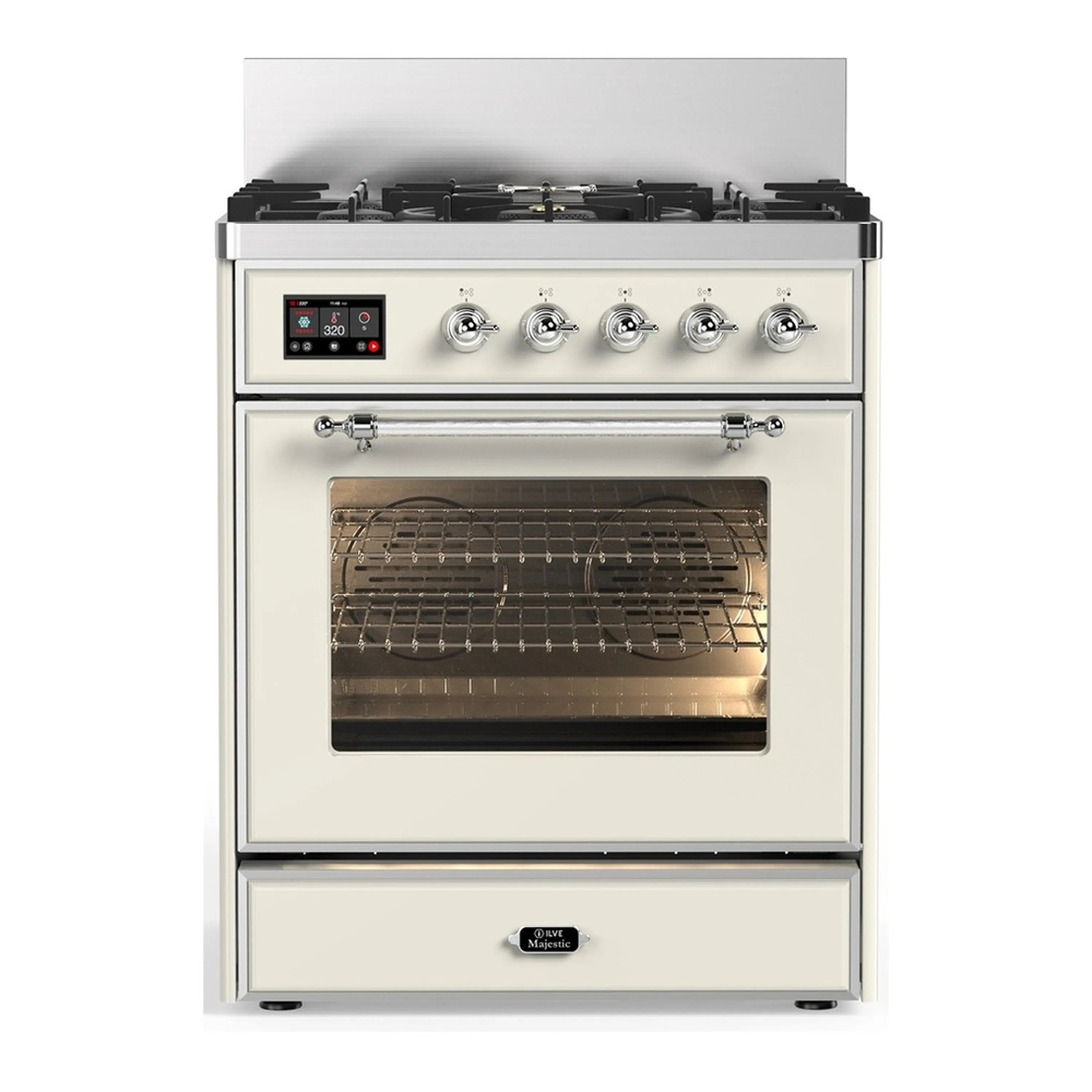 Antique white dual fuel range with chrome trim and closed oven door