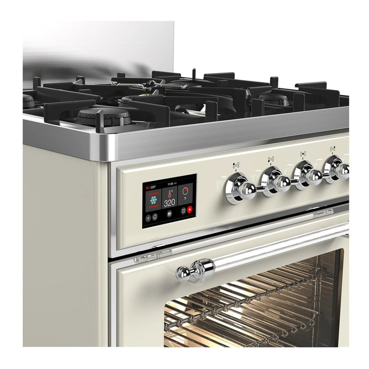Antique white dual fuel range with chrome knobs, digital display, and open oven interior