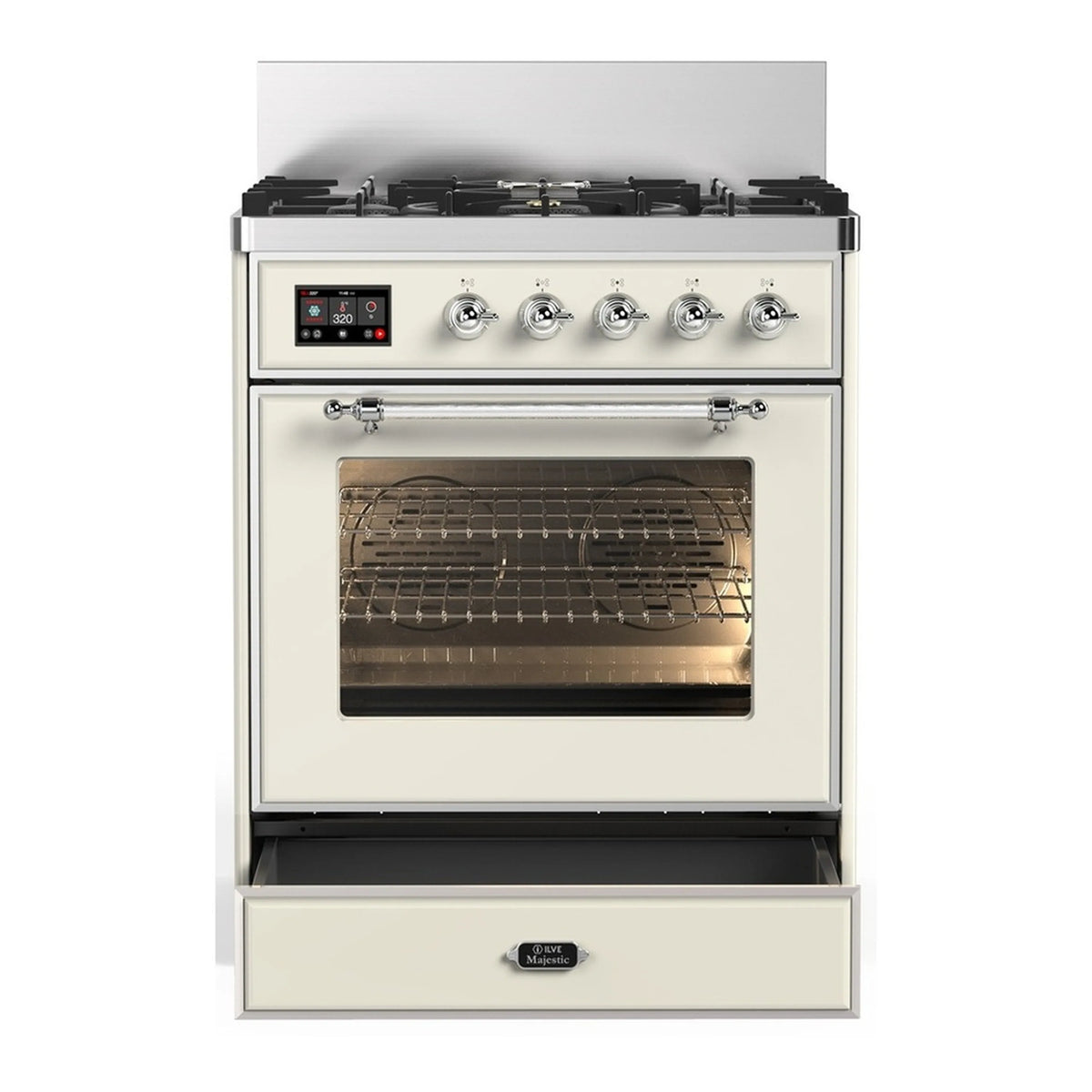 Antique white dual fuel range with chrome trim, front controls, and oven door window