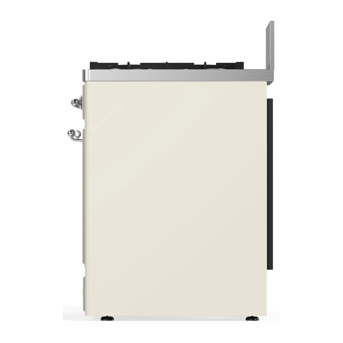 Antique white range side view with chrome hardware and raised cooktop