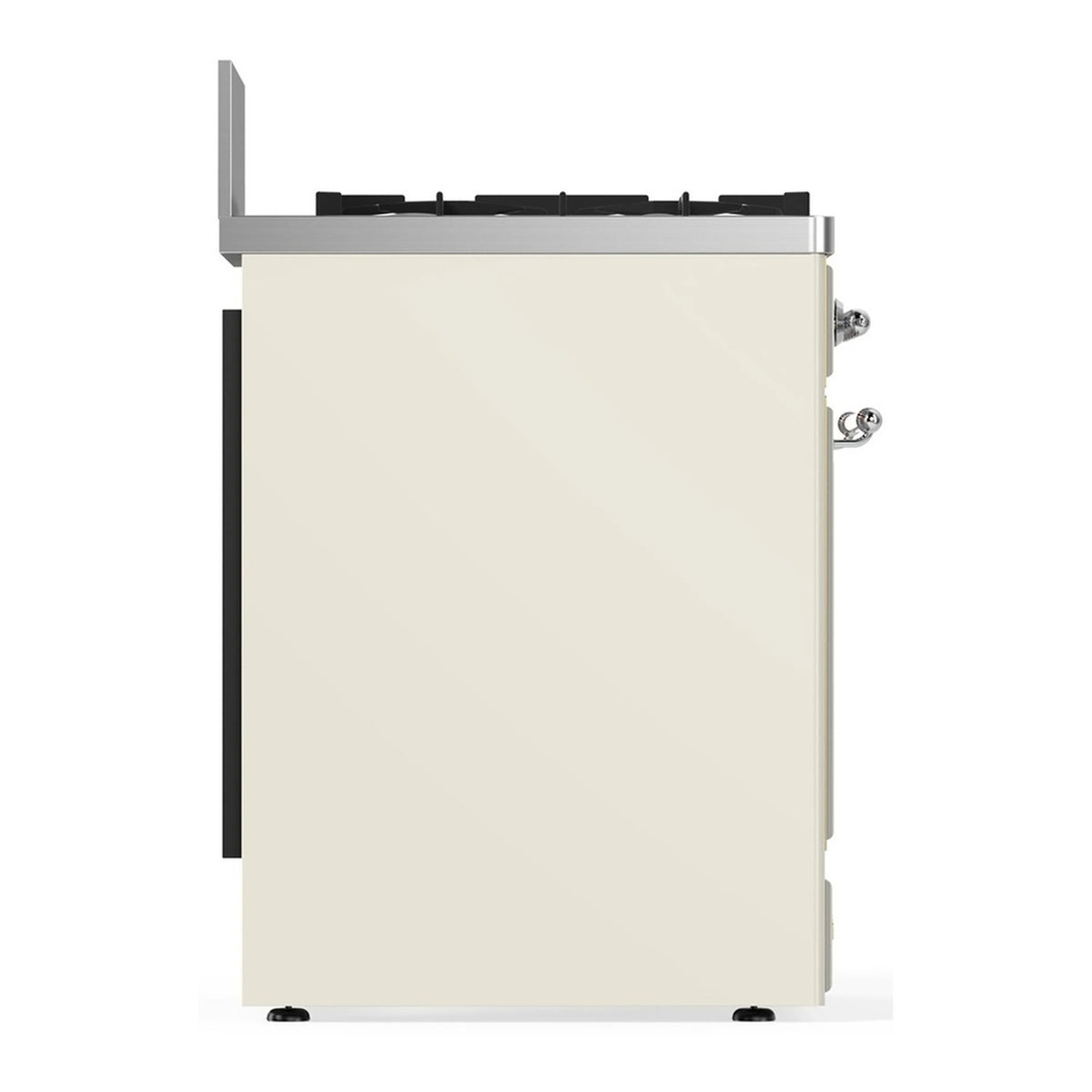 Antique white range rear-side view with raised cooktop and chrome side handle