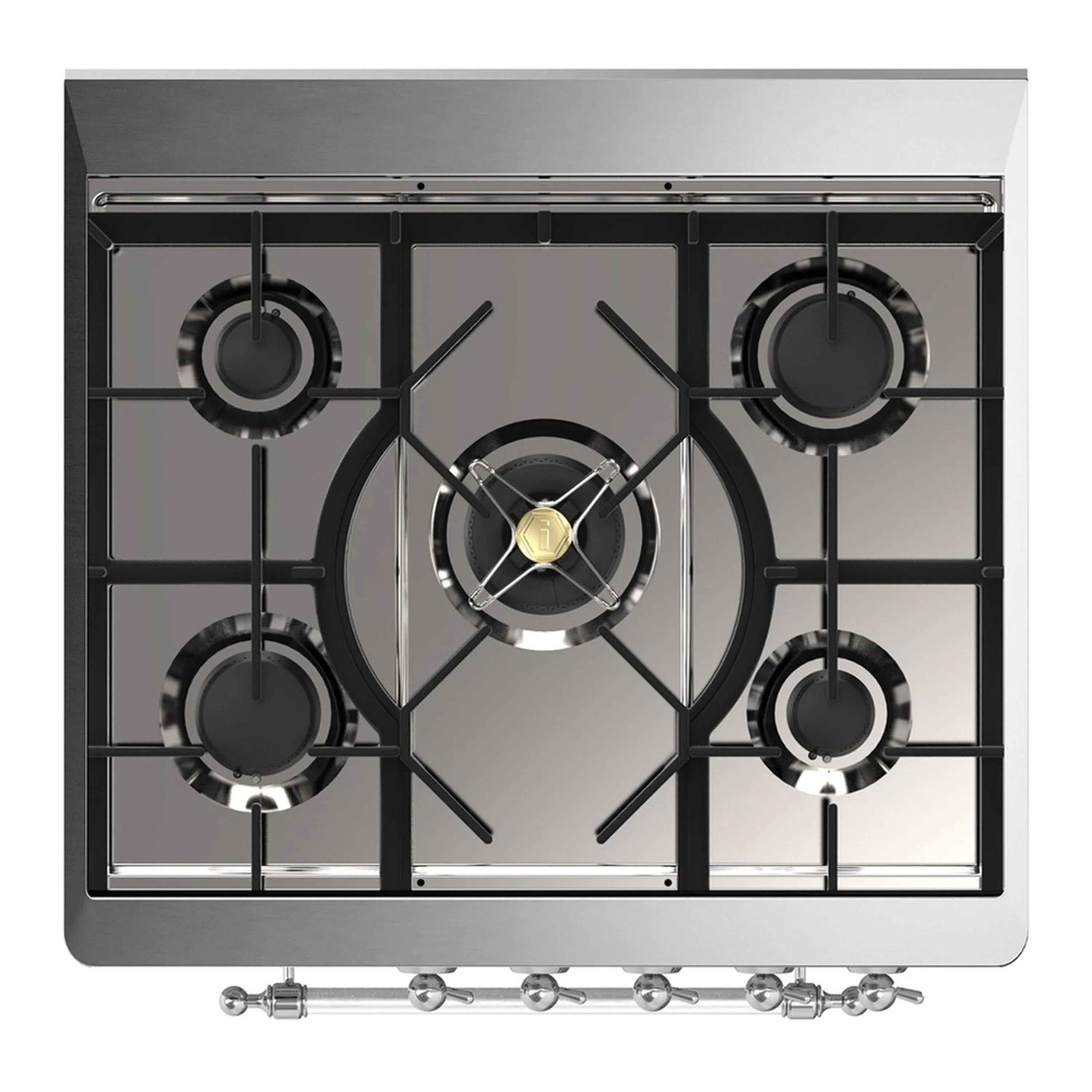 Antique white dual fuel range cooktop with four black grates and burner caps