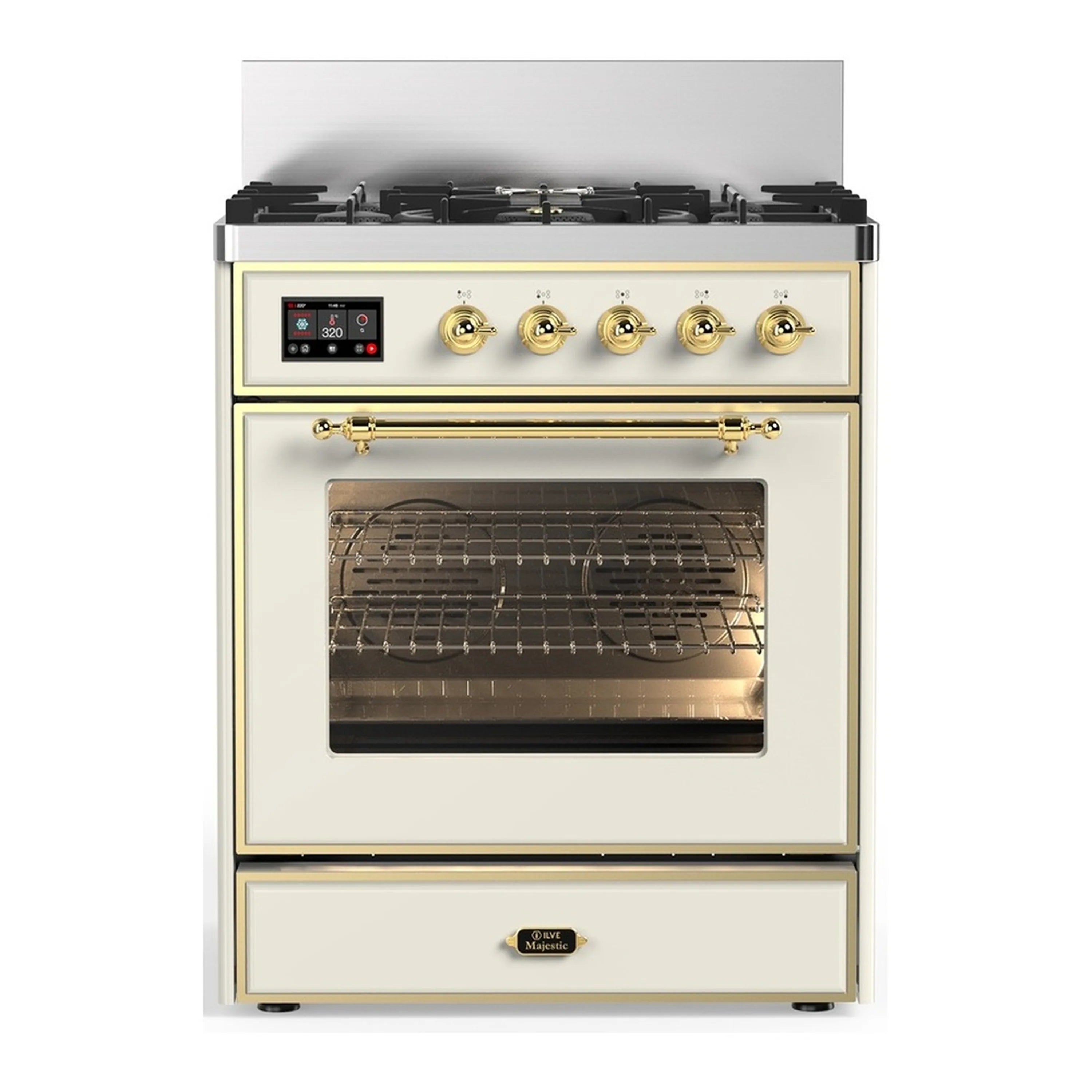 Antique white range with brass knobs, 5 burners, and triple-glass oven door