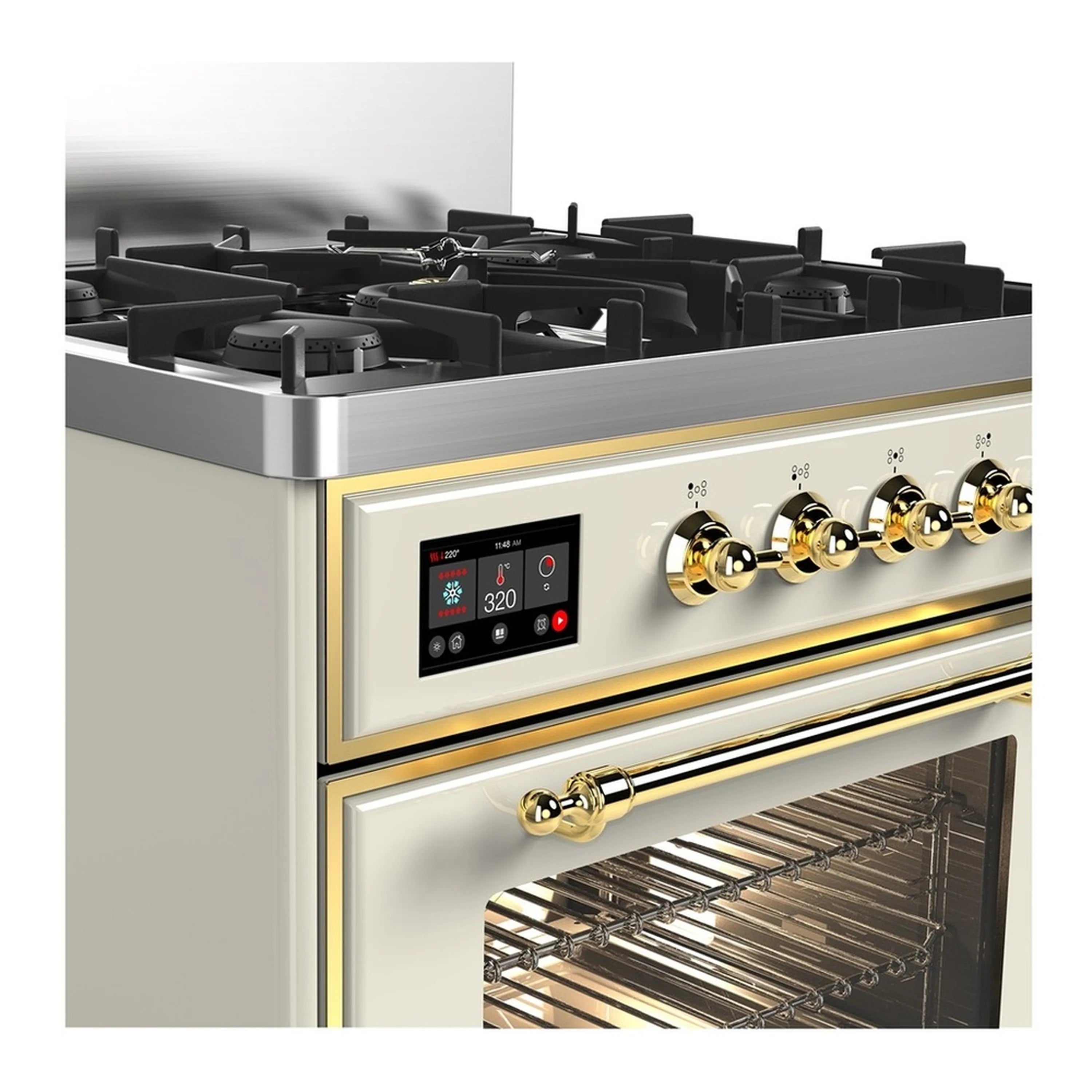 Antique white range showing brass controls and open oven with baking racks