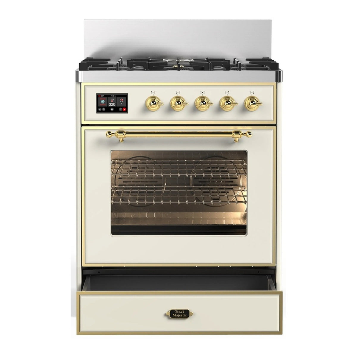 Antique white range with brass handle, oven window, and bottom storage drawer