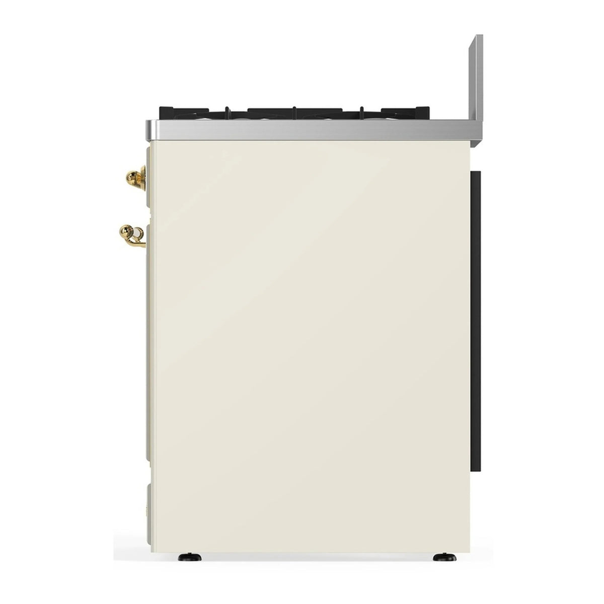 Antique white range side with brass fittings and black top control trim