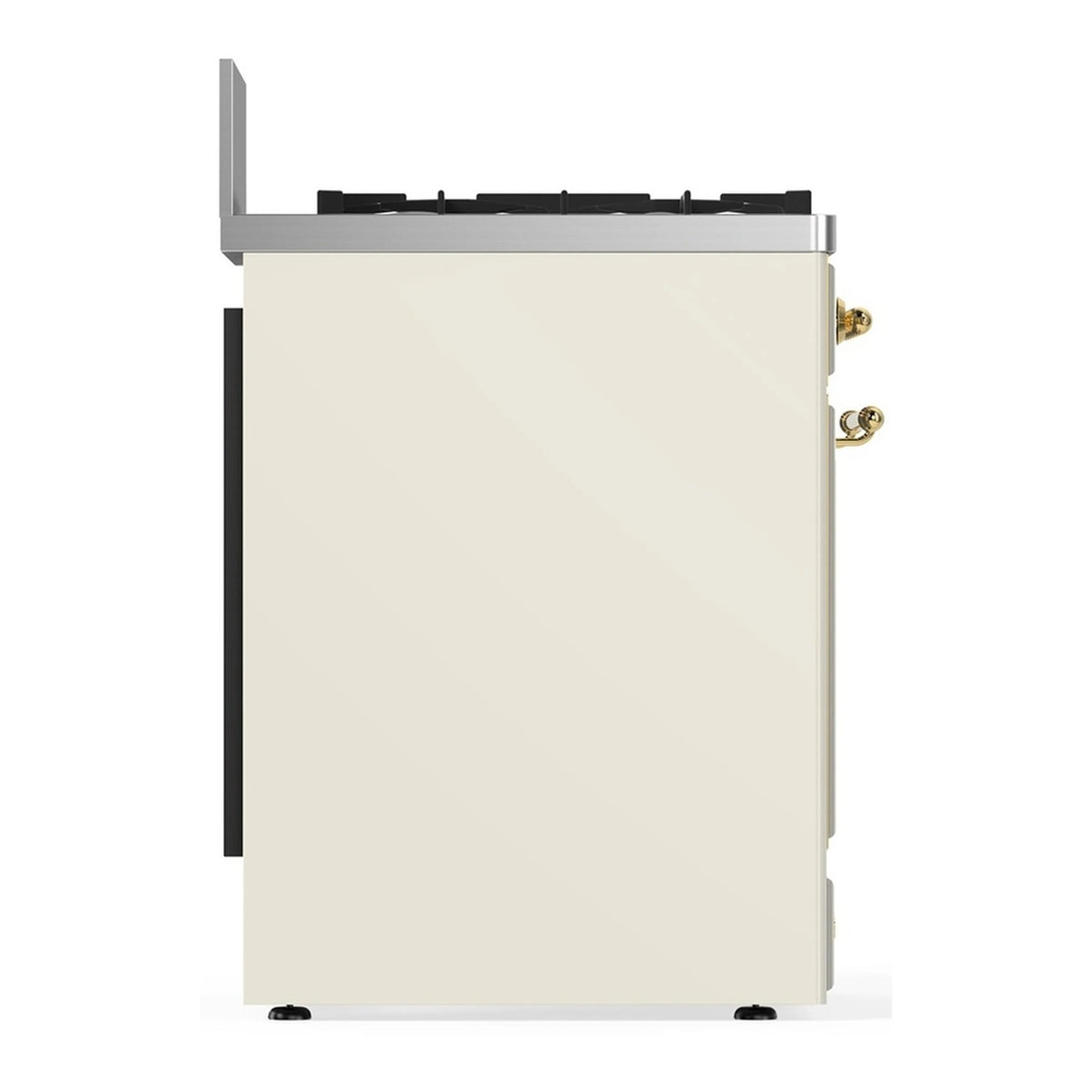Antique white range side panel with brass fittings and black top trim