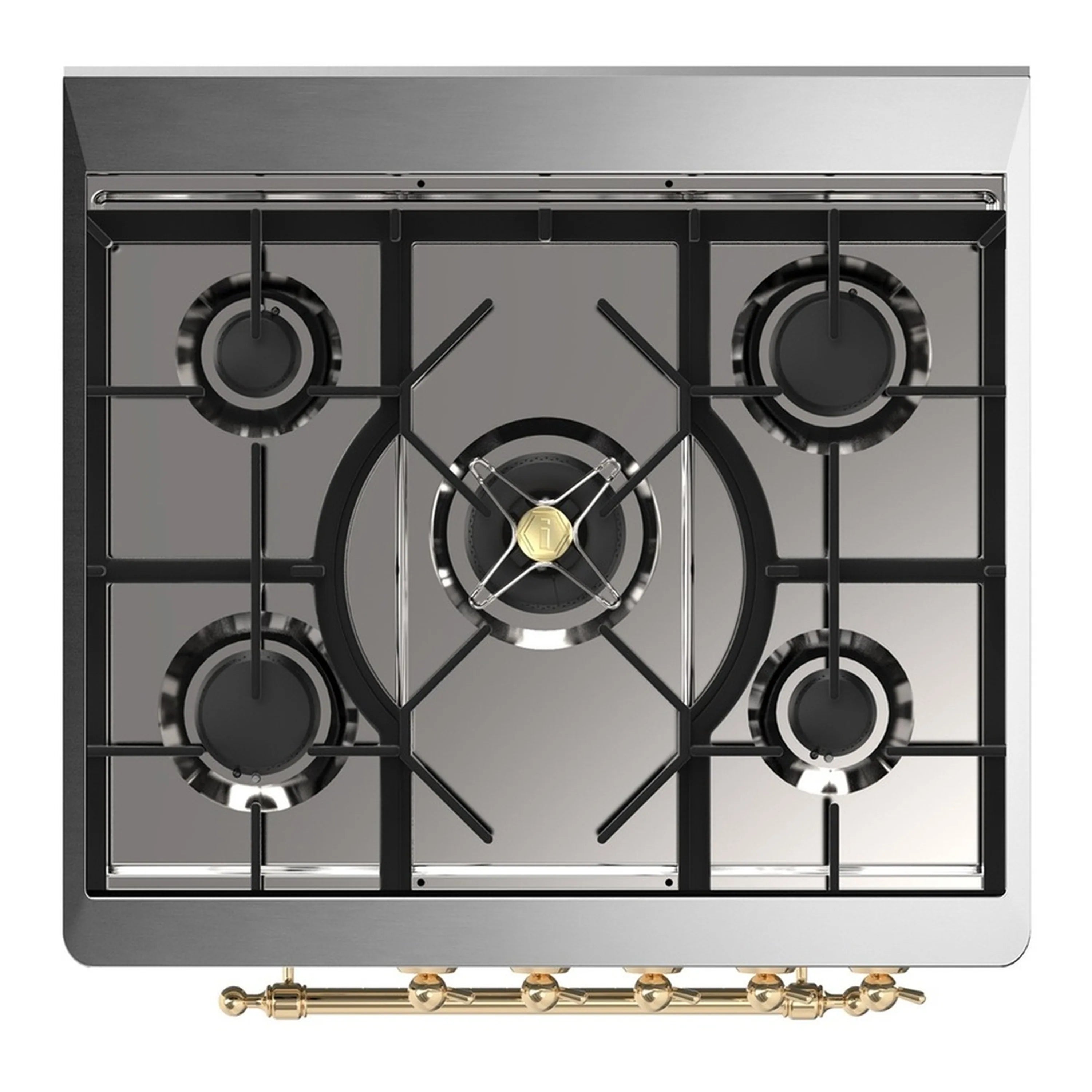 Brass-centered cooktop with black cast-iron grates and five burner burners