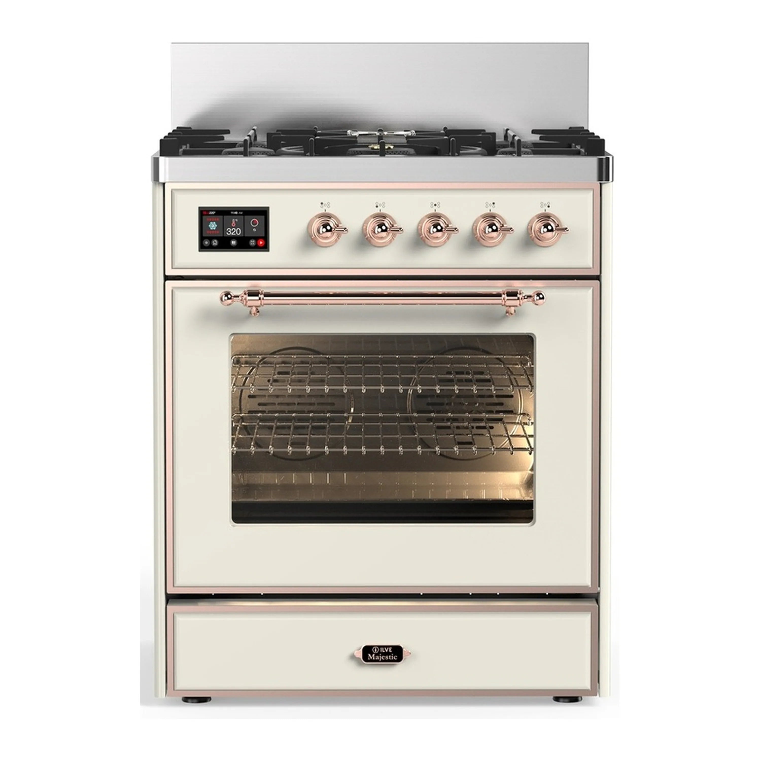 Antique white dual fuel range with copper trim, control panel, and triple-glass oven door