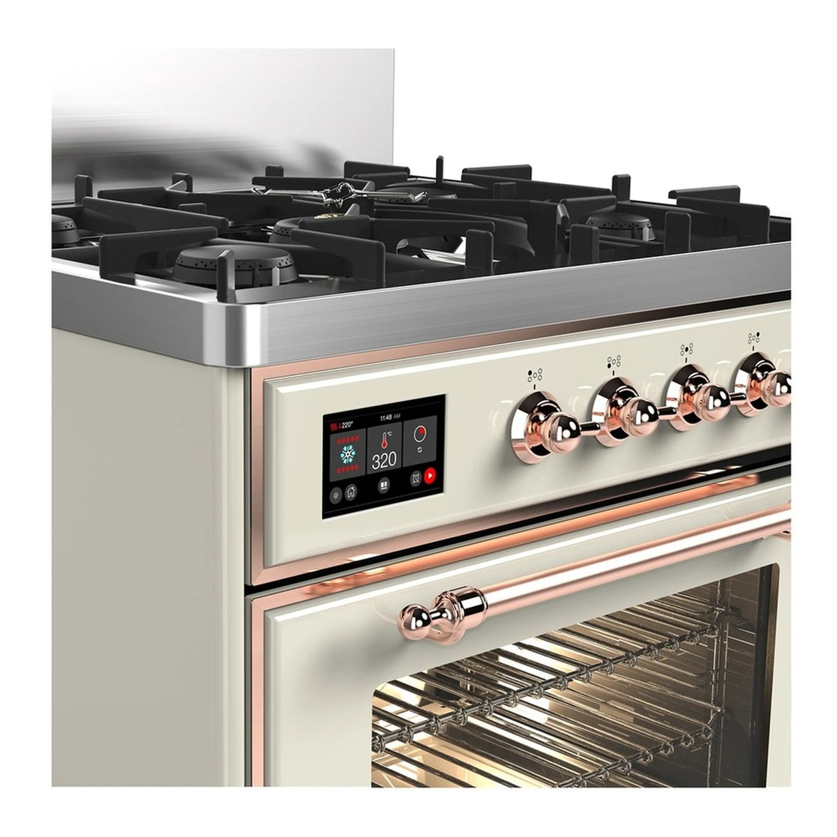 Antique white dual fuel range with copper-trim knobs and open electric oven with racks