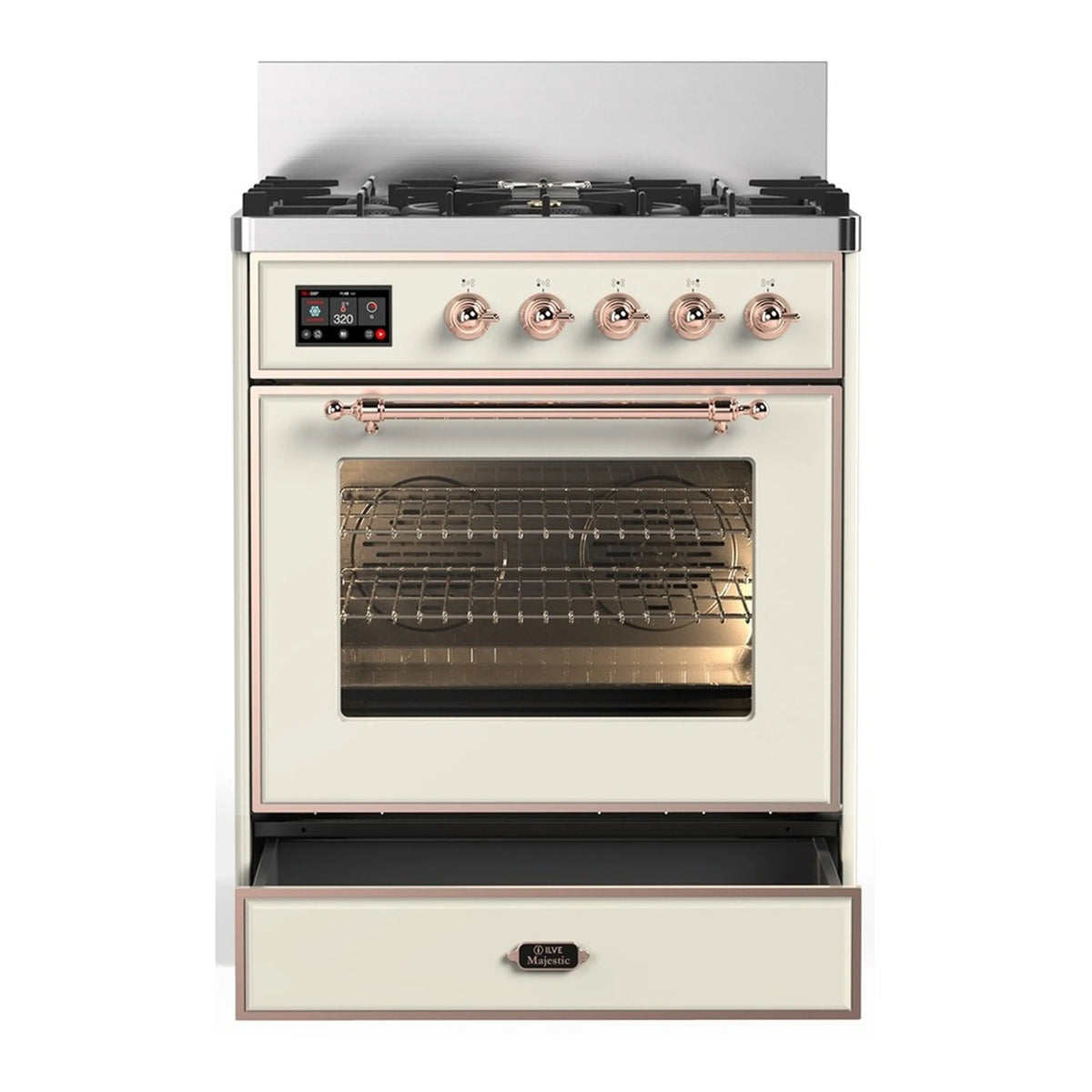 Antique white dual fuel range with copper trim, control panel, and oven window