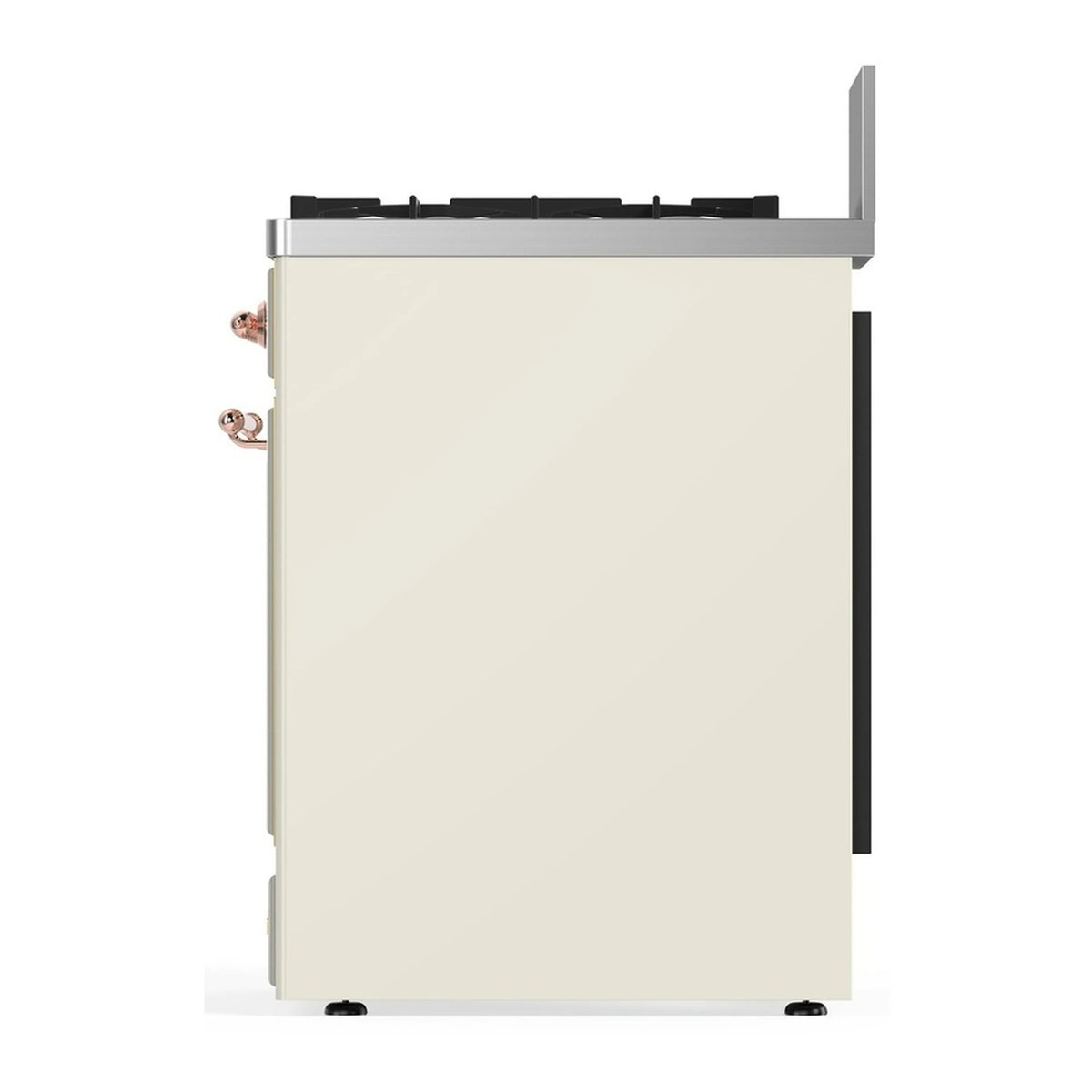 Antique white side panel of dual fuel range with copper handle and black side vent